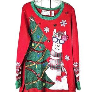 Ugly Christmas Sweater Bells Lama Sequins Glitter Garland Size 1X